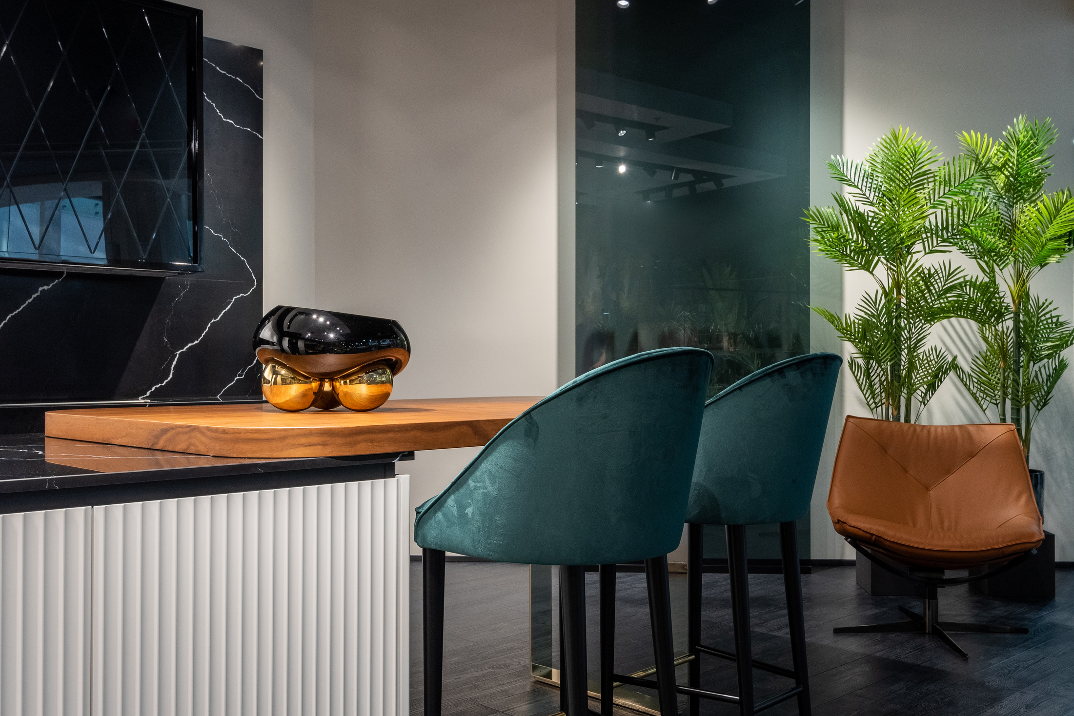 Cozy high chairs near kitchen counter in stylish apartment