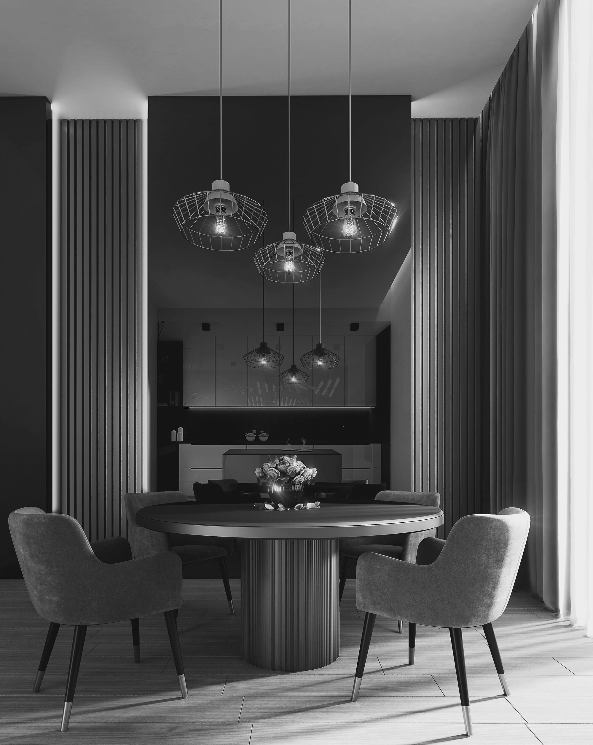 Gray Dining Table Under Pendant Lamps