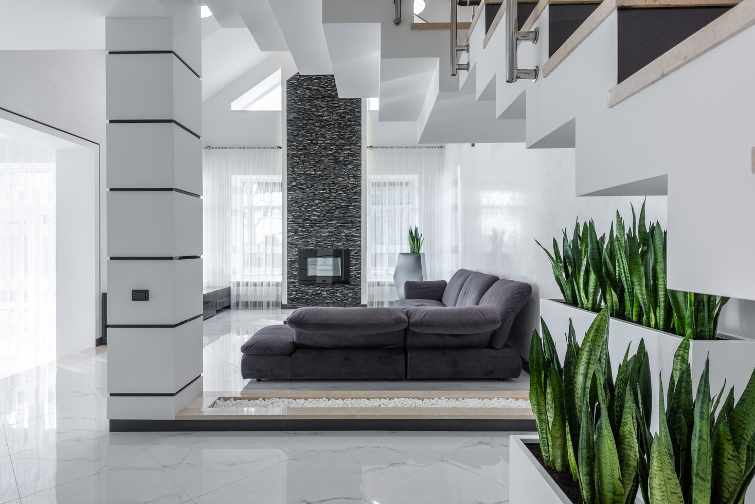 Spacious living room with minimalist design and green plants in contemporary mansion